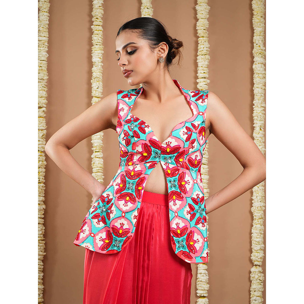 AHI Clothing Red Tile Printed Coat And Drape Top With Skirt