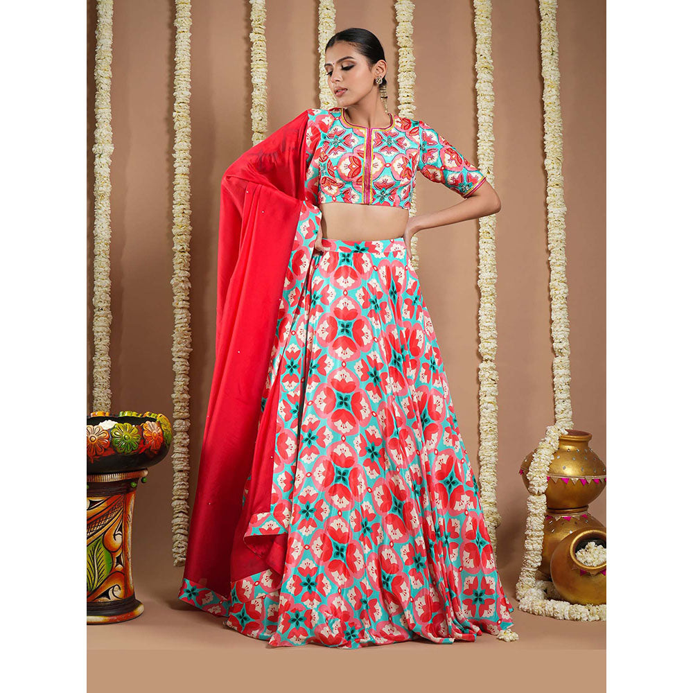 AHI Clothing Red Tile Printed Heavy Lehenga And Blouse With Dupatta