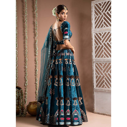 AHI Clothing Teal Heavy Velvet Lehenga And Blouse With Dupatta