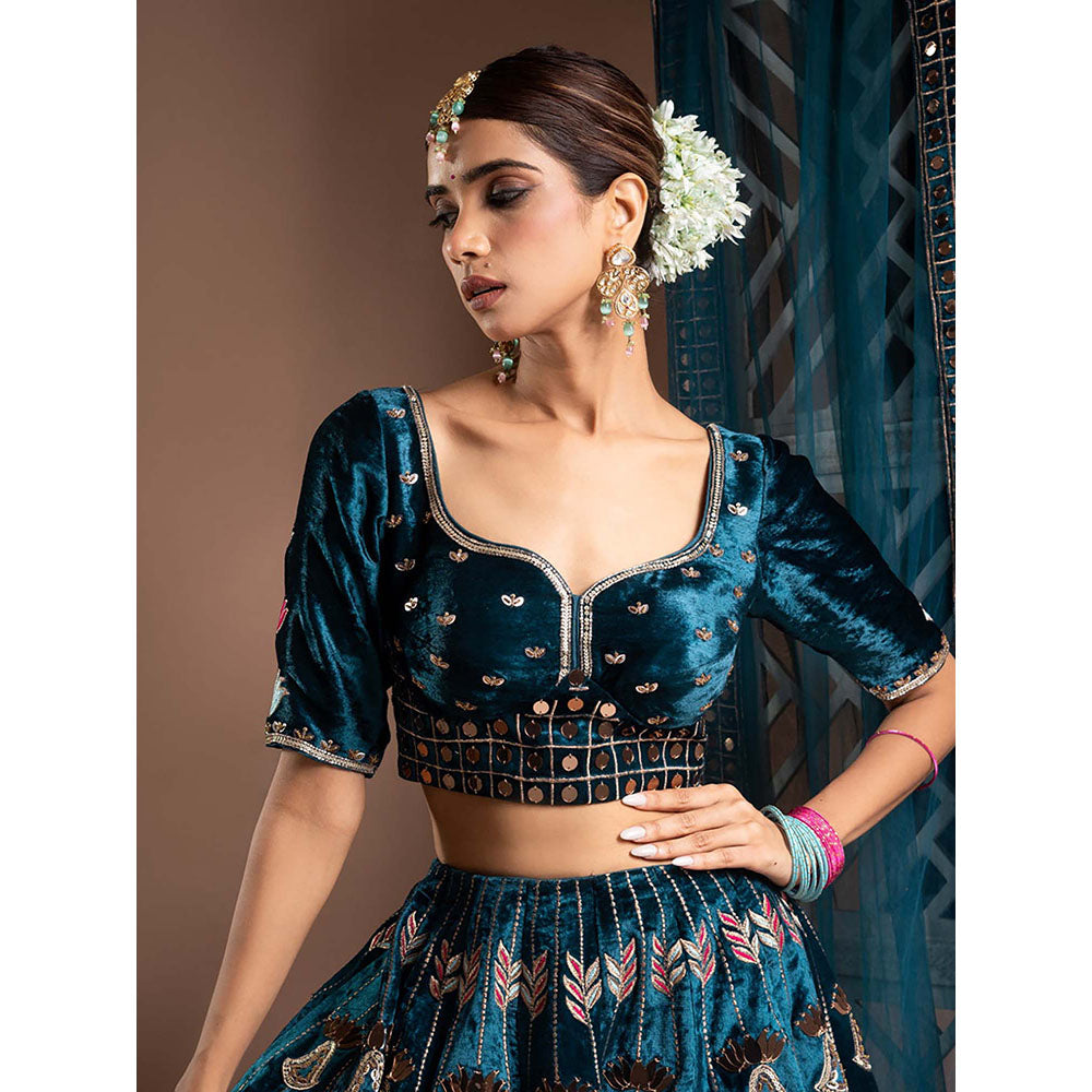 AHI Clothing Teal Heavy Velvet Lehenga And Blouse With Dupatta