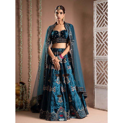 AHI Clothing Teal Heavy Velvet Lehenga And Blouse With Dupatta