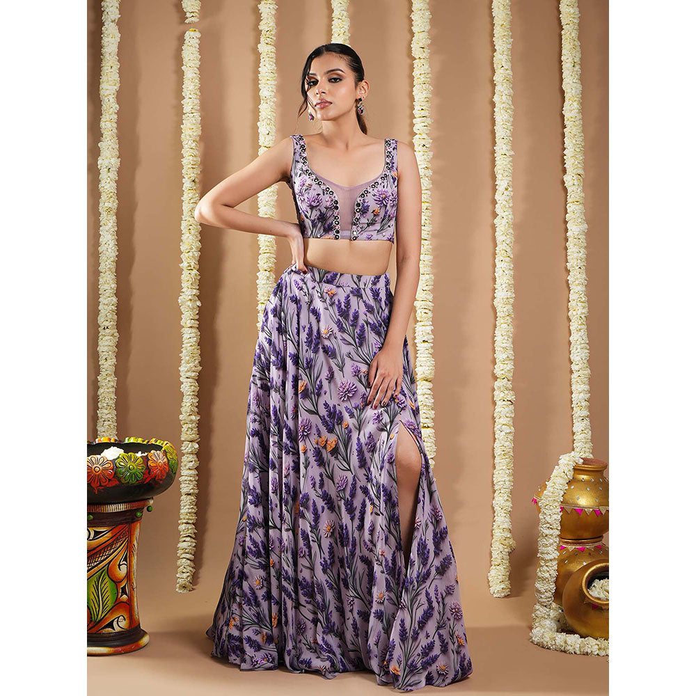 AHI Clothing Violet-Lilac Printed Indo Top With Skirt