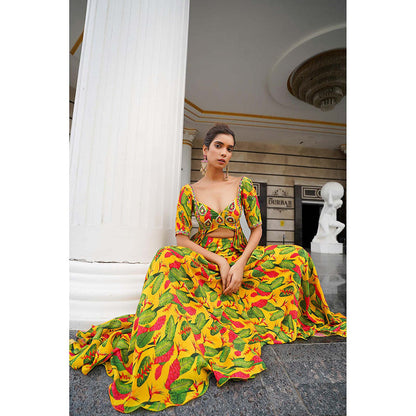 AHI Clothing Yellow Ginger Flower Peplum Top With Skirt