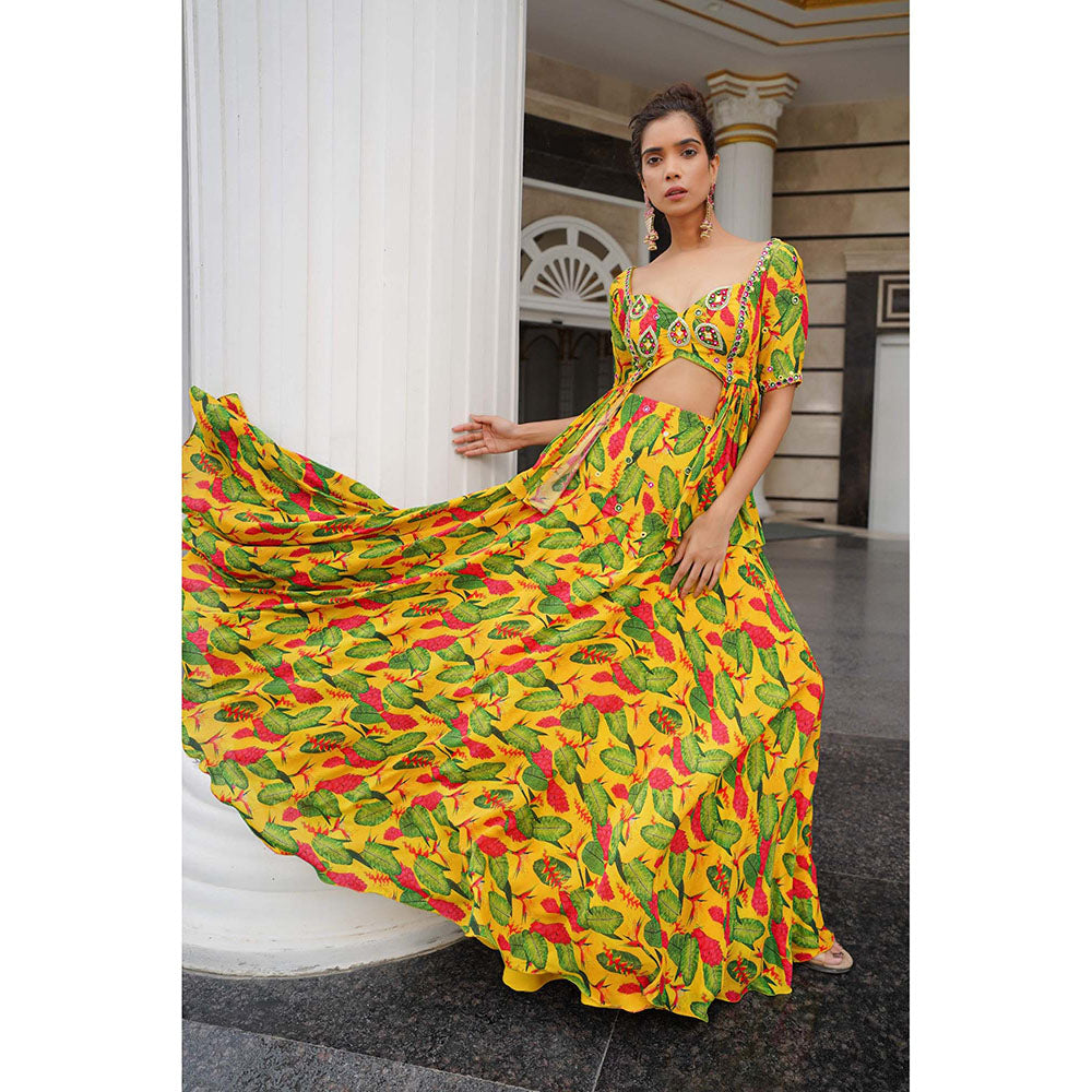 AHI Clothing Yellow Ginger Flower Peplum Top With Skirt