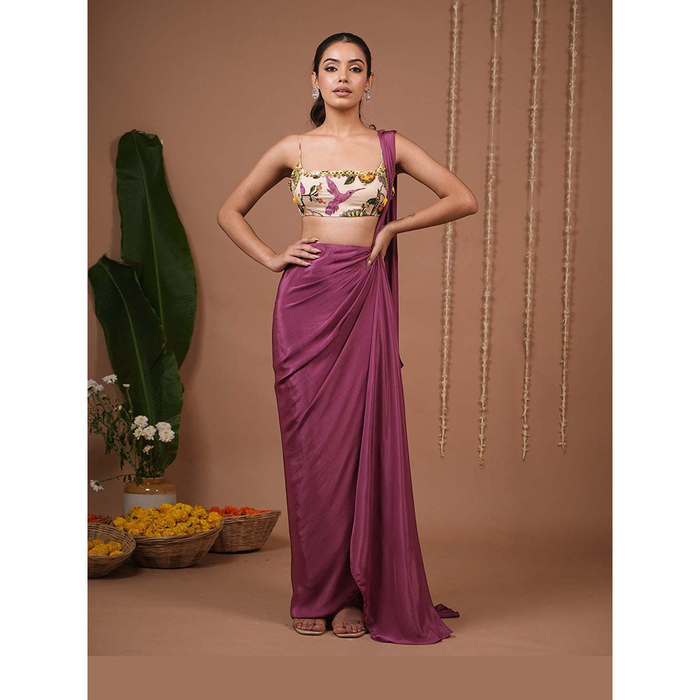 AHI Clothing Cream Print Indo Organza Pre Drape Saree With Stitched Blouse with Stitched