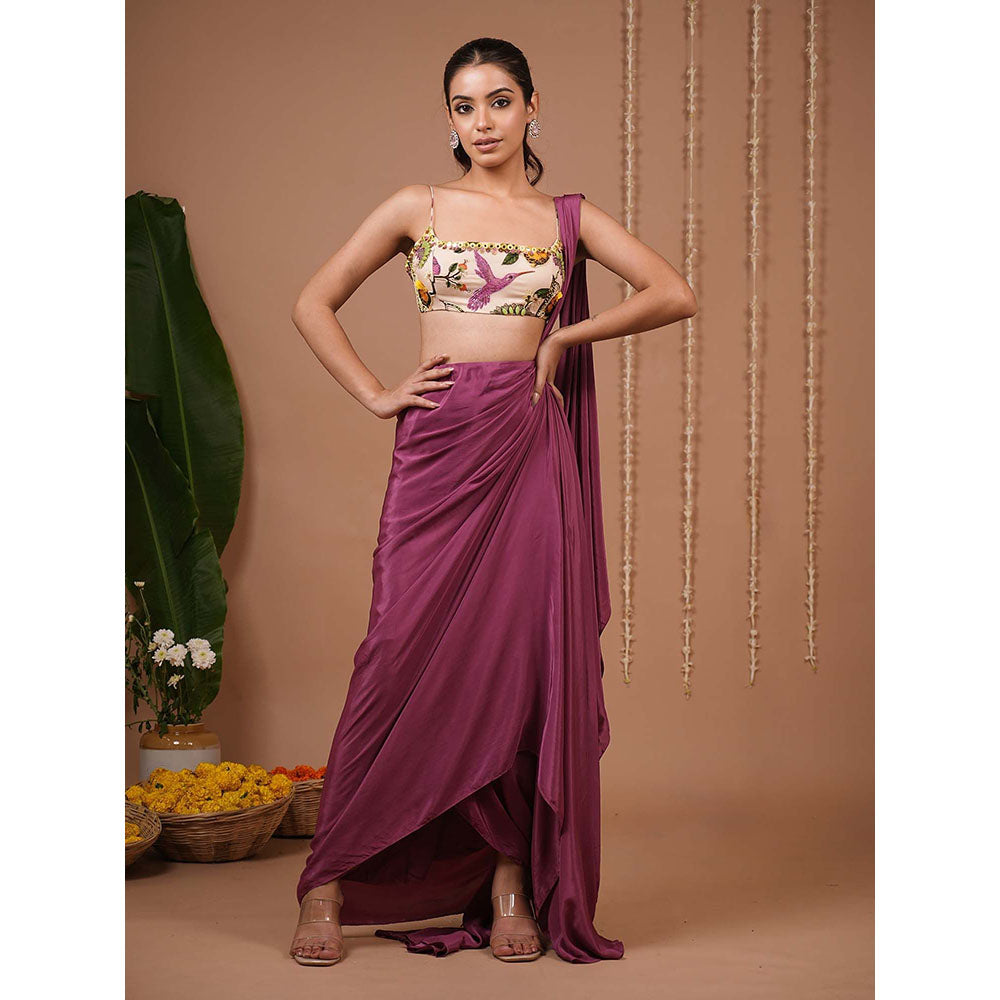 AHI Clothing Cream Print Indo Organza Pre Drape Saree With Stitched Blouse with Stitched