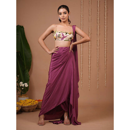 AHI Clothing Cream Print Indo Organza Pre Drape Saree With Stitched Blouse with Stitched