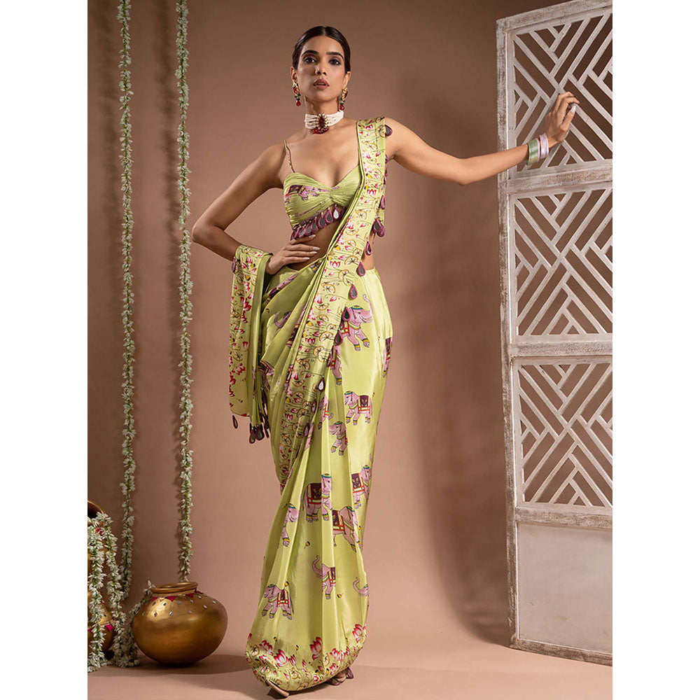AHI Clothing Elephant Print Crepe Green Pre Drape Saree With Stitched Blouse with Stitched