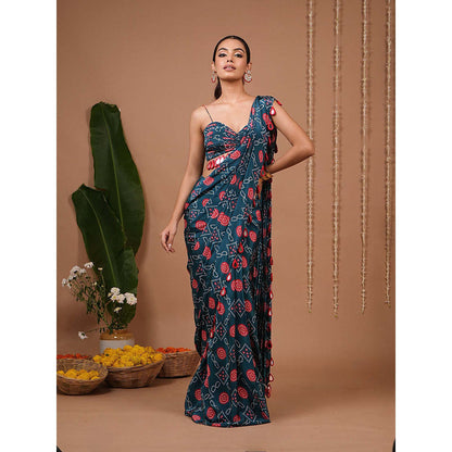 AHI Clothing Teal Blue Bandhej Printed Pre Drape Saree With Stitched Blouse with Stitched