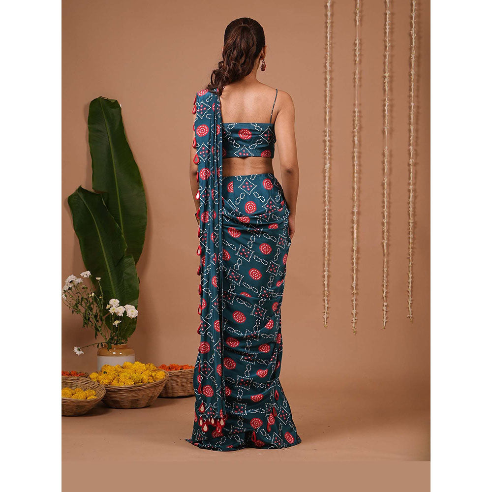 AHI Clothing Teal Blue Bandhej Printed Pre Drape Saree With Stitched Blouse with Stitched