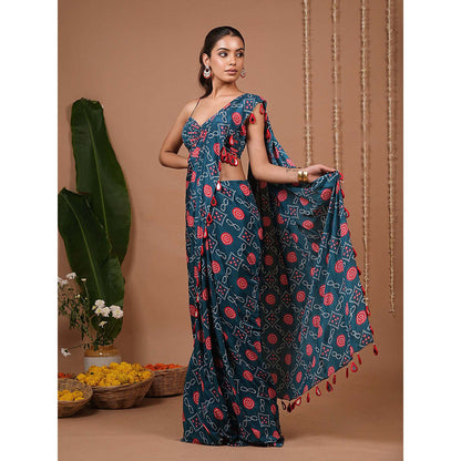 AHI Clothing Teal Blue Bandhej Printed Pre Drape Saree With Stitched Blouse with Stitched