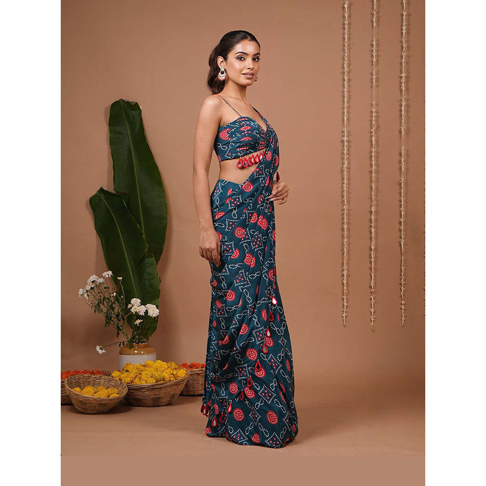 AHI Clothing Teal Blue Bandhej Printed Pre Drape Saree With Stitched Blouse with Stitched