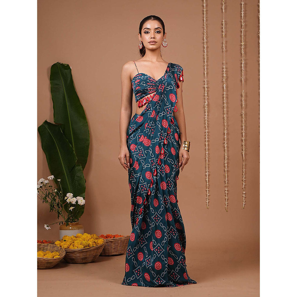 AHI Clothing Teal Blue Bandhej Printed Pre Drape Saree With Stitched Blouse with Stitched