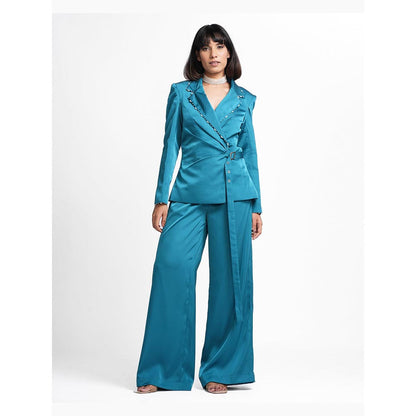 AHI Clothing Quinn - Teal Embellished Wrap Buckle Blazer And Pant Set