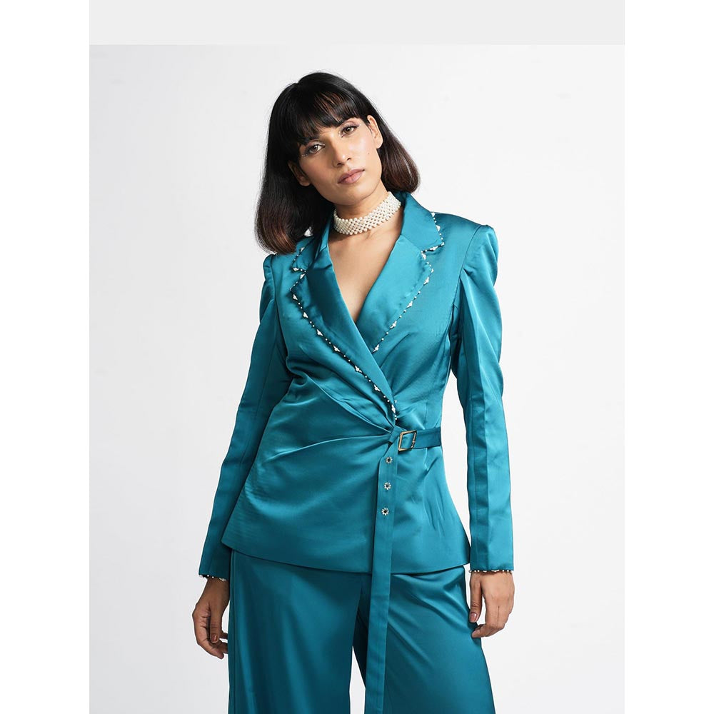 AHI Clothing Quinn - Teal Embellished Wrap Buckle Blazer And Pant Set