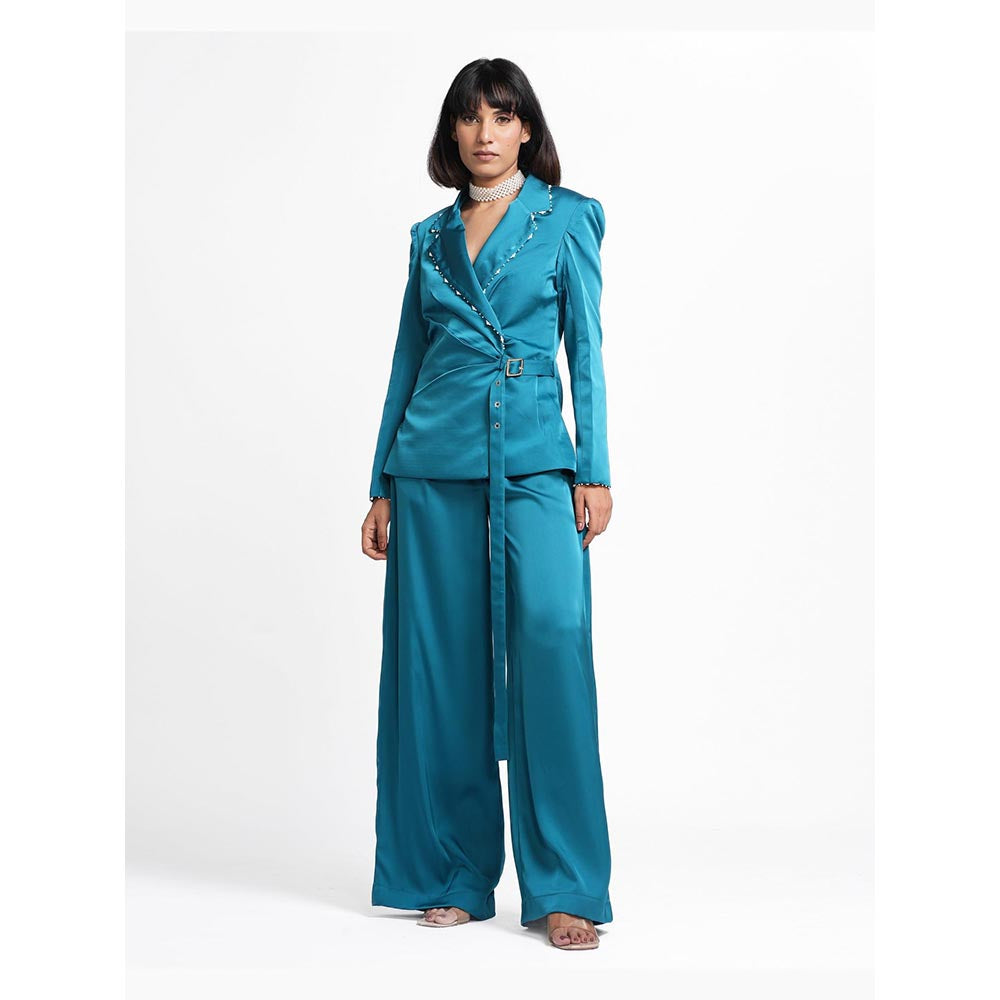 AHI Clothing Quinn - Teal Embellished Wrap Buckle Blazer And Pant Set