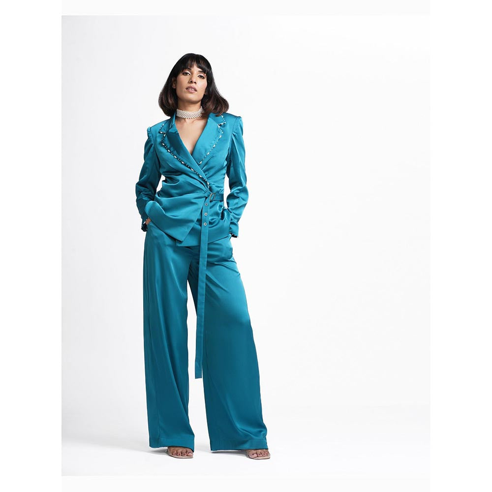 AHI Clothing Quinn - Teal Embellished Wrap Buckle Blazer And Pant Set