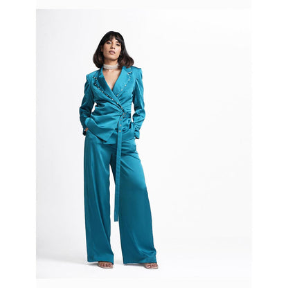 AHI Clothing Quinn - Teal Embellished Wrap Buckle Blazer And Pant Set