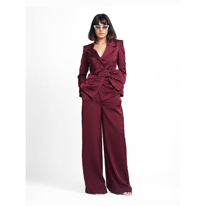 AHI Clothing Miranda - Claret Maroon Embellished Blazer with Pant