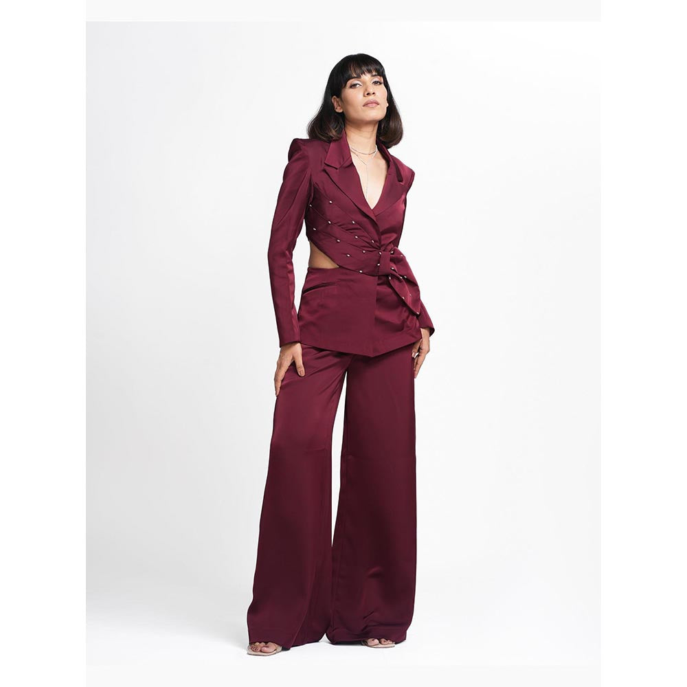 AHI Clothing Miranda - Claret Maroon Embellished Blazer with Pant