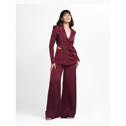 AHI Clothing Miranda - Claret Maroon Embellished Blazer with Pant