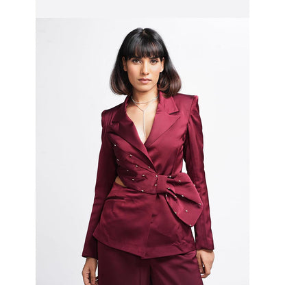 AHI Clothing Miranda - Claret Maroon Embellished Blazer with Pant