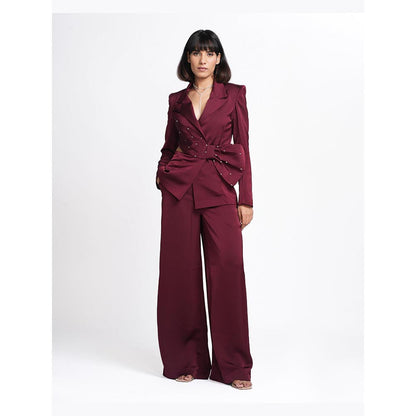 AHI Clothing Miranda - Claret Maroon Embellished Blazer with Pant