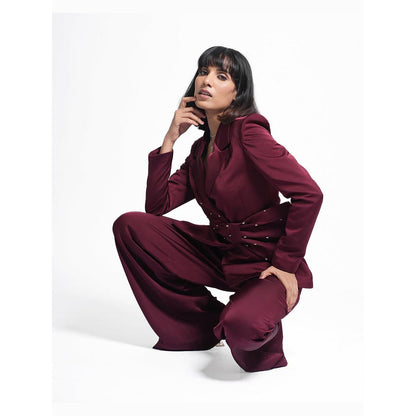 AHI Clothing Miranda - Claret Maroon Embellished Blazer with Pant