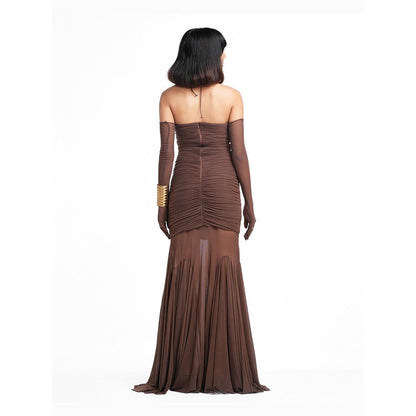 AHI Clothing Aurecia Coffee Brown Ruched Halter Neck Sheath Dress