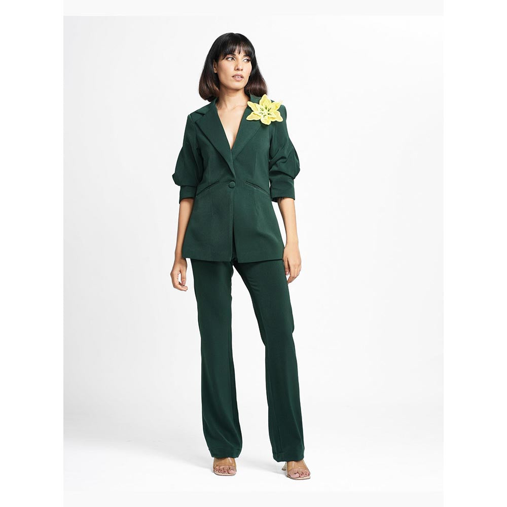 AHI Clothing Agatha - Dark Green 3-D Brooch Blazer with Pant