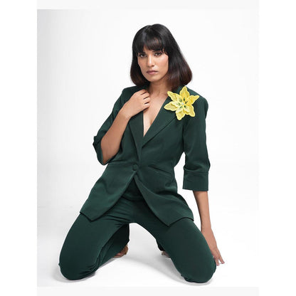 AHI Clothing Agatha - Dark Green 3-D Brooch Blazer with Pant