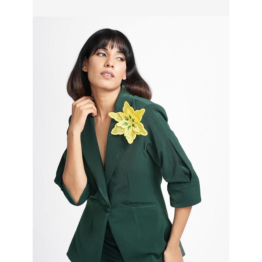 AHI Clothing Agatha - Dark Green 3-D Brooch Blazer with Pant