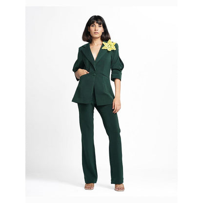 AHI Clothing Agatha - Dark Green 3-D Brooch Blazer with Pant