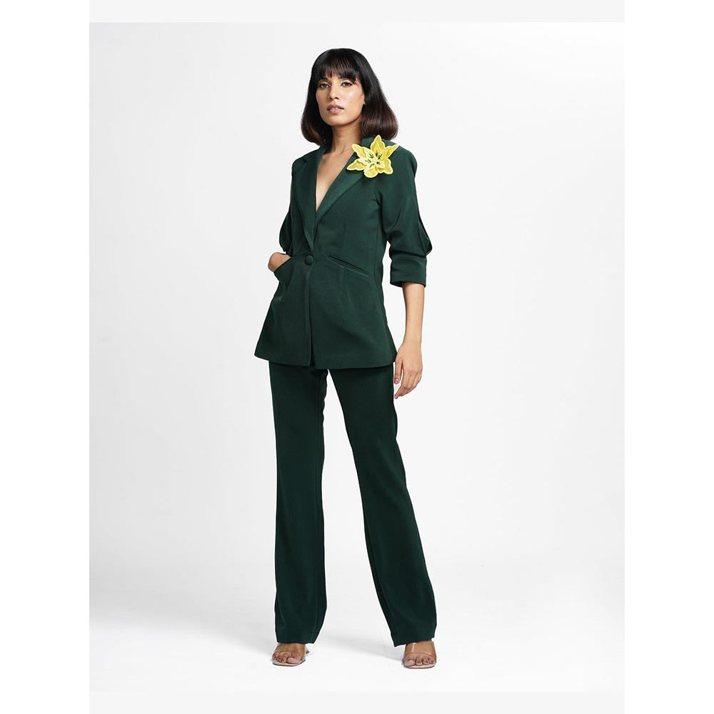 AHI Clothing Agatha - Dark Green 3-D Brooch Blazer with Pant