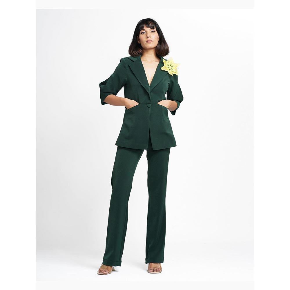 AHI Clothing Agatha - Dark Green 3-D Brooch Blazer with Pant