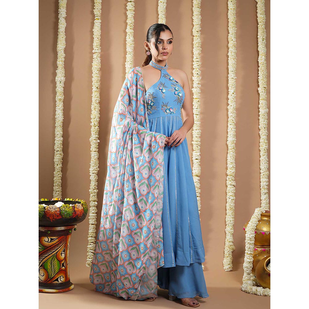 AHI Clothing Blue Georgette Halter Neck Anarkali Kurta with Palazzo and Dupatta