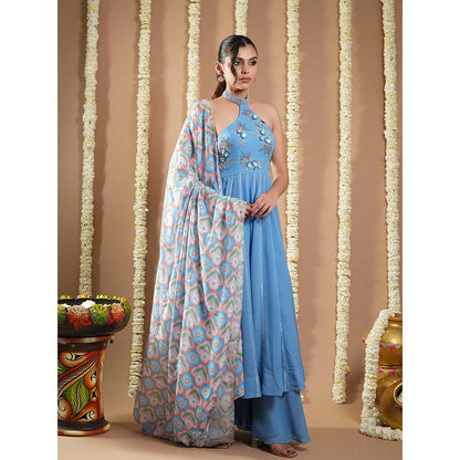 AHI Clothing Blue Georgette Halter Neck Anarkali Kurta with Palazzo and Dupatta