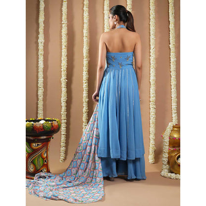 AHI Clothing Blue Georgette Halter Neck Anarkali Kurta with Palazzo and Dupatta