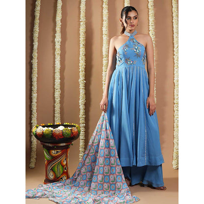 AHI Clothing Blue Georgette Halter Neck Anarkali Kurta with Palazzo and Dupatta