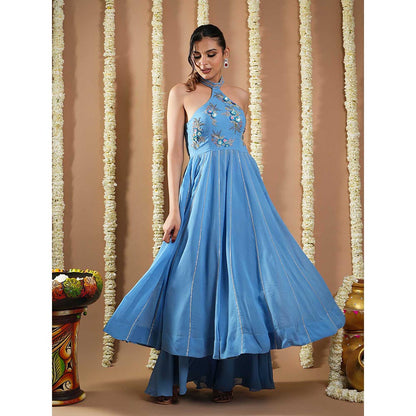AHI Clothing Blue Georgette Halter Neck Anarkali Kurta with Palazzo and Dupatta