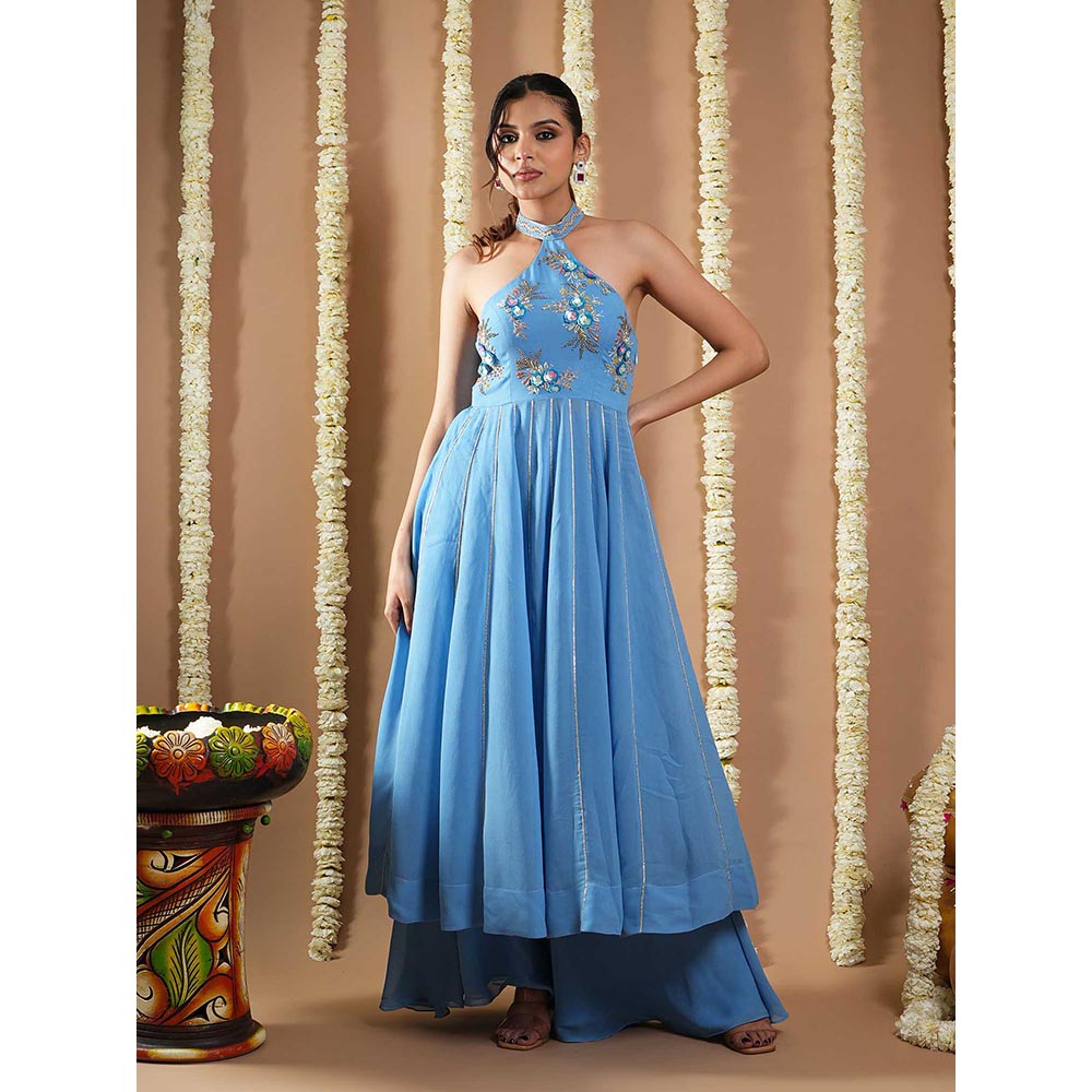 AHI Clothing Blue Georgette Halter Neck Anarkali Kurta with Palazzo and Dupatta