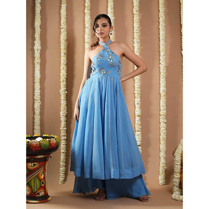 AHI Clothing Blue Georgette Halter Neck Anarkali Kurta with Palazzo and Dupatta