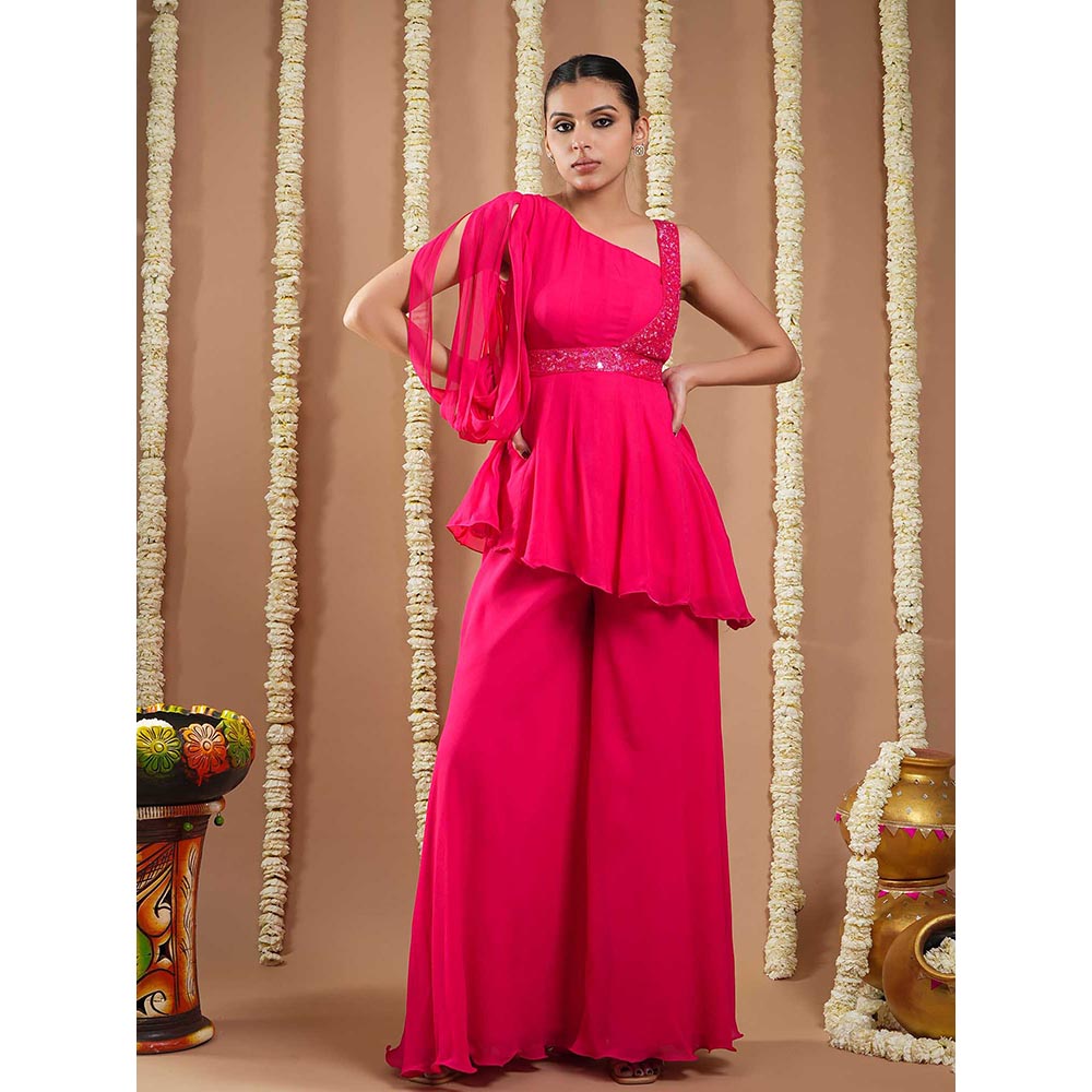 AHI Clothing Hot Pink Georgette Short A-Line Kurti with Belt and Palazzo