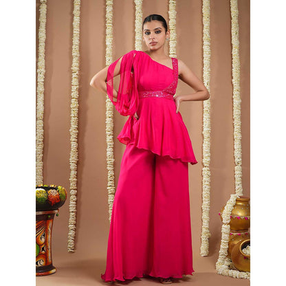AHI Clothing Hot Pink Georgette Short A-Line Kurti with Belt and Palazzo