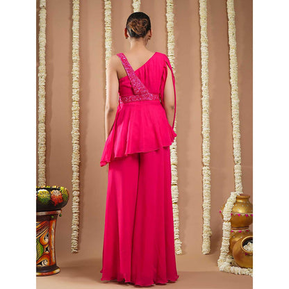 AHI Clothing Hot Pink Georgette Short A-Line Kurti with Belt and Palazzo