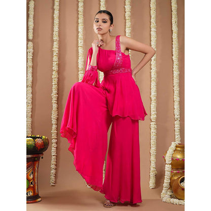 AHI Clothing Hot Pink Georgette Short A-Line Kurti with Belt and Palazzo