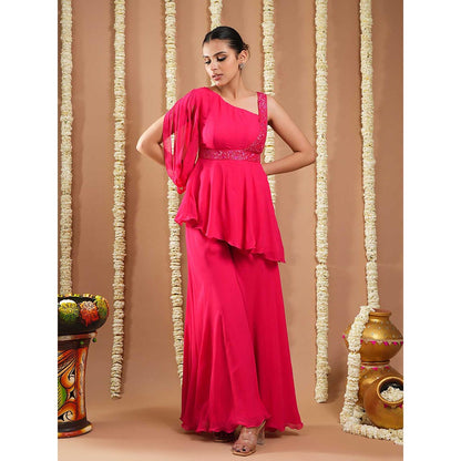 AHI Clothing Hot Pink Georgette Short A-Line Kurti with Belt and Palazzo