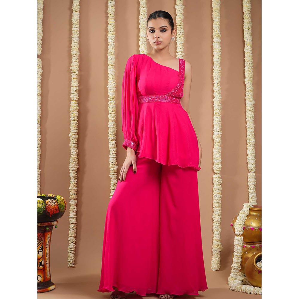 AHI Clothing Hot Pink Georgette Short A-Line Kurti with Belt and Palazzo