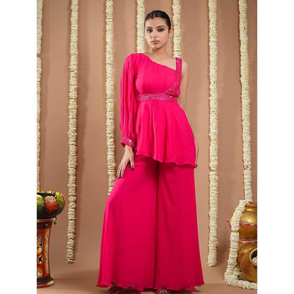 AHI Clothing Hot Pink Georgette Short A-Line Kurti with Belt and Palazzo