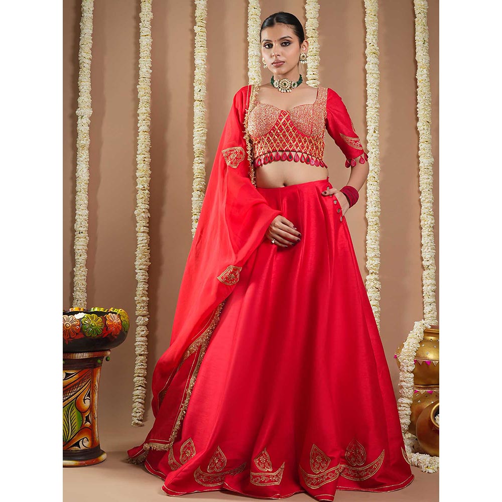 AHI Clothing Chilli Red Heavy Silk Lehenga with Choli and Dupatta